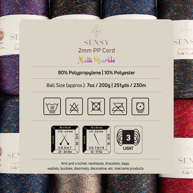 Puede incluir: Una bola de hilo Sensy 2mm PP Cord Multi Sparkle en una mezcla de colores. El hilo es 90% polipropileno y 10% poli&eacute;ster. El tama&ntilde;o de la bola es de 7 onzas, 200 gramos, 251 yardas o 230 metros. El hilo es lavable a m&aacute;quina a 30 grados Celsius. El hilo es ligero y adecuado para proyectos de tejido y ganchillo como collares, pulseras, bolsos, carteras, hebillas, felpudos, art&iacute;culos decorativos y productos de macram&eacute;.