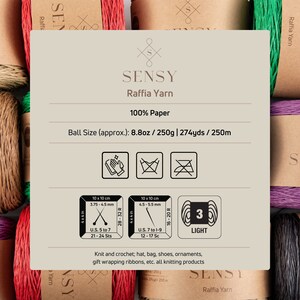 May include: A ball of 100% paper raffia yarn in light brown color. The yarn is labeled "SENSY Raffia Yarn" and has a ball size of 8.8 oz / 250g | 274yds / 250m. The yarn is suitable for knitting and crocheting hats, bags, shoes, ornaments, and gift wrapping ribbons.