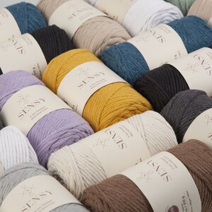 May include: A variety of colors of 3 mm twisted macrame cord. The cord is made of cotton and is available in a variety of colors, including white, beige, brown, gray, black, teal, yellow, and purple.