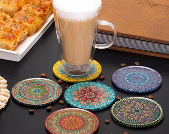 Mediterranean Coasters | Set of 6, Metal & Cork Drink Coasters