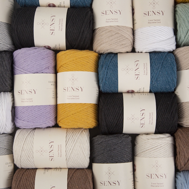 May include: A variety of colors of 3 mm twisted macrame cord. The cord is made of natural fibers and is perfect for crafting.