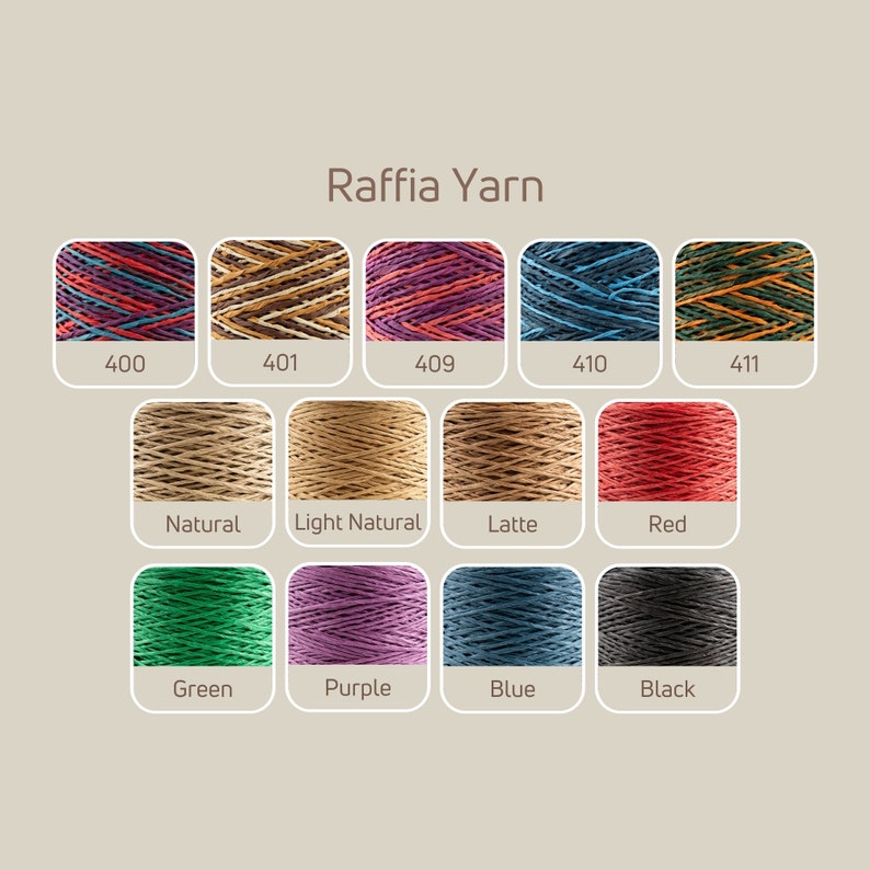 May include: Raffia yarn in a variety of colors, including natural, light natural, latte, red, green, purple, blue, and black. The yarn is displayed in small spools with the color name and number printed below each spool.