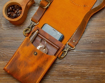 Handmade Genuine Leather Crossbody Bag, Leather Wallet With Large Size Phone Pocket for Men/Women, Valentine's Day Gift for Him/Her