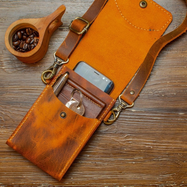 Handmade Genuine Leather Crossbody Bag, Leather Wallet With Large Size Phone Pocket for Men/Women, Valentine's Day Gift for Him/Her