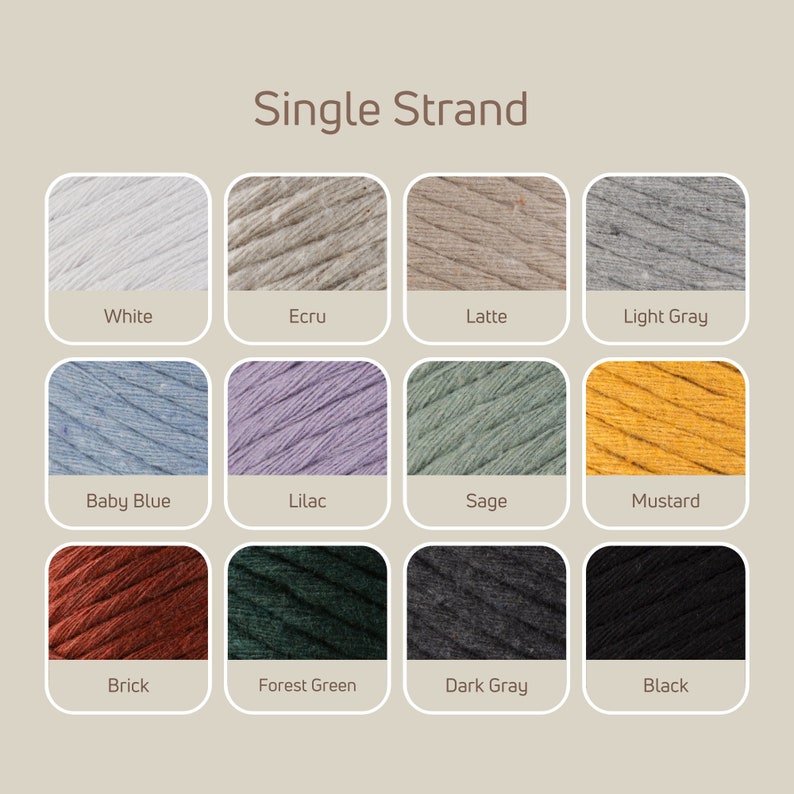 May include: A color chart of single strand yarn in 12 colors: white, ecru, latte, light gray, baby blue, lilac, sage, mustard, brick, forest green, dark gray, and black.