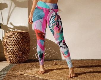 Tiger, Animal Print Leggings, Acrobatics, Yoga Wear, XL Leggings, Festival, Rave Pants, Abstract tiger print, Hot pink and teal, Workout Gym