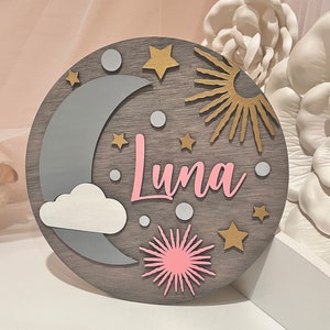 Signo de nombre de guardería de luna y estrellas, signo de madera redonda 3D, signo de nombre de nube, arte personalizado de la pared de la guardería, signo personalizado del nombre del bebé, decoración de la pared del bebé