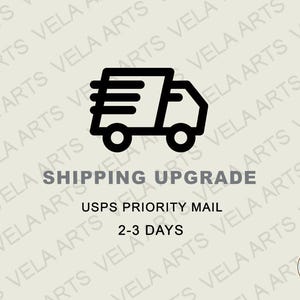 May include: Black and white graphic of a delivery truck with the words "SHIPPING UPGRADE" above and "USPS PRIORITY MAIL 2-3 DAYS" below. The background is a light beige color with the words "VELA ARTS" repeated.