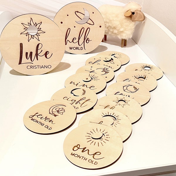 Space Themed Baby Monthly Milestone Discs, Moon Baby Name Sign, Celestial Baby Monthly Milestone Markers, Hello World Wood Milestone Disks