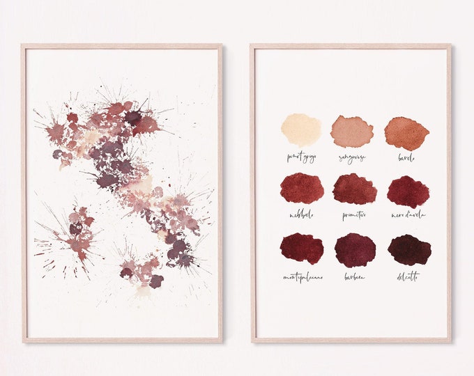 Real Wine: Italy wine art print set, Italy wall art, Italy art, bar cart art, wine lovers, bar cart decor, abstract Italian print, Italy map