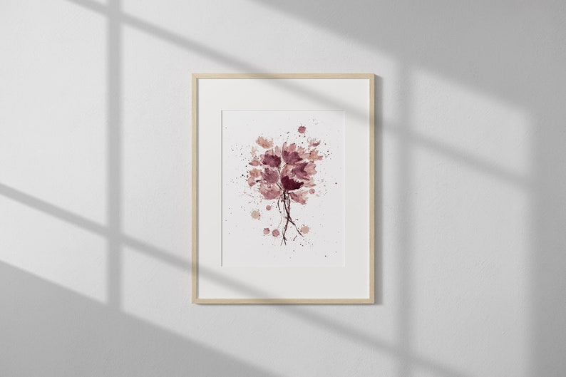 May include: A framed watercolor painting of a bouquet of pink and purple flowers with a splatter effect background.