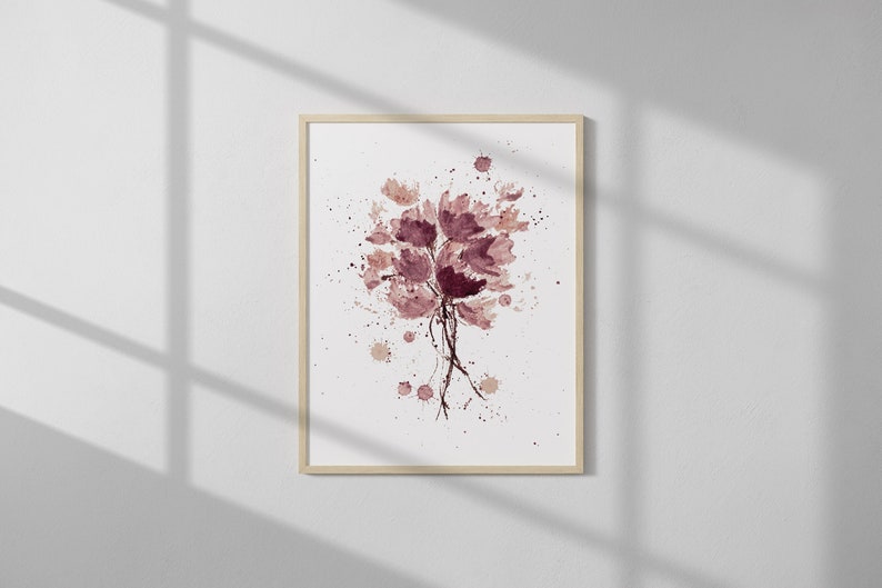 May include: A framed watercolor painting of a pink and purple flower with brown stems and splatters of paint on a white background.