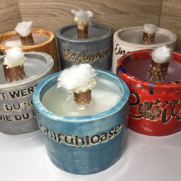Keramik Dauerbrenner Tischfackel Kerzenfresser mit Spruch verschiedene Farben  handgetöpfert Mit Glasfaserdocht neu