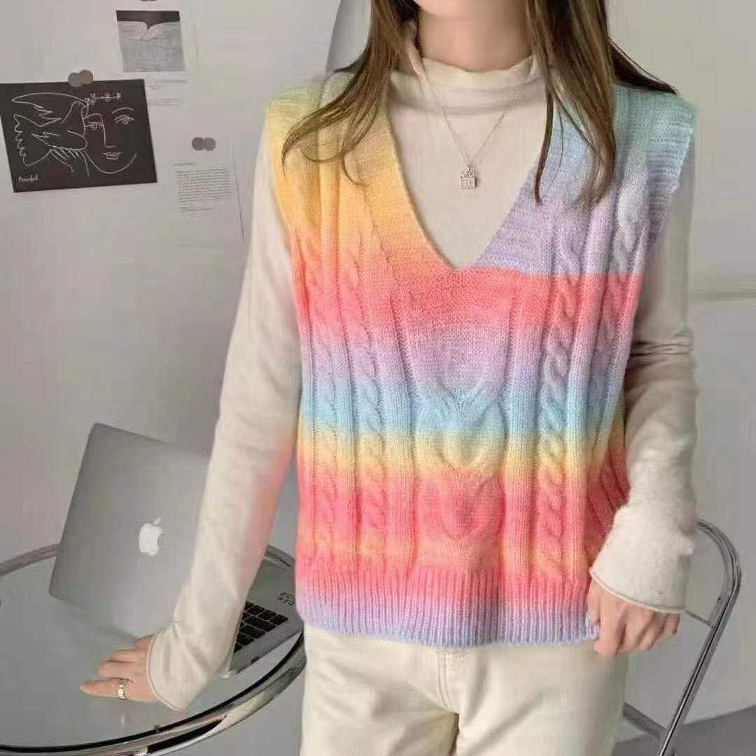 Striped Rainbow Women Vest V Neck Sleeveless Colorful 80s Etsy