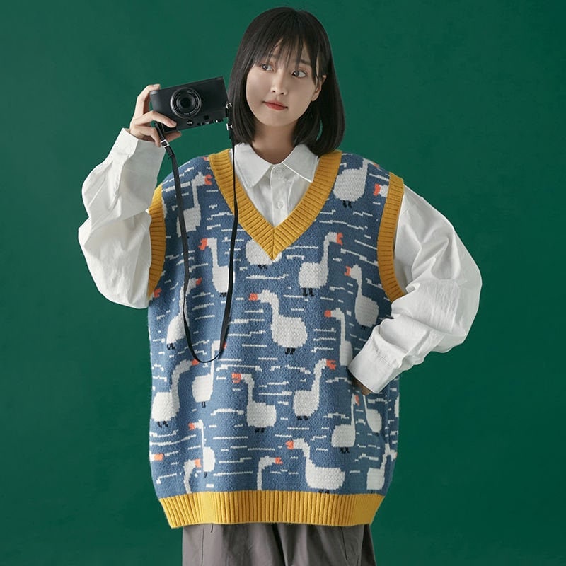 Unisex Cute Duck Knit Blue Sweater Vest Pullover Goose Etsy