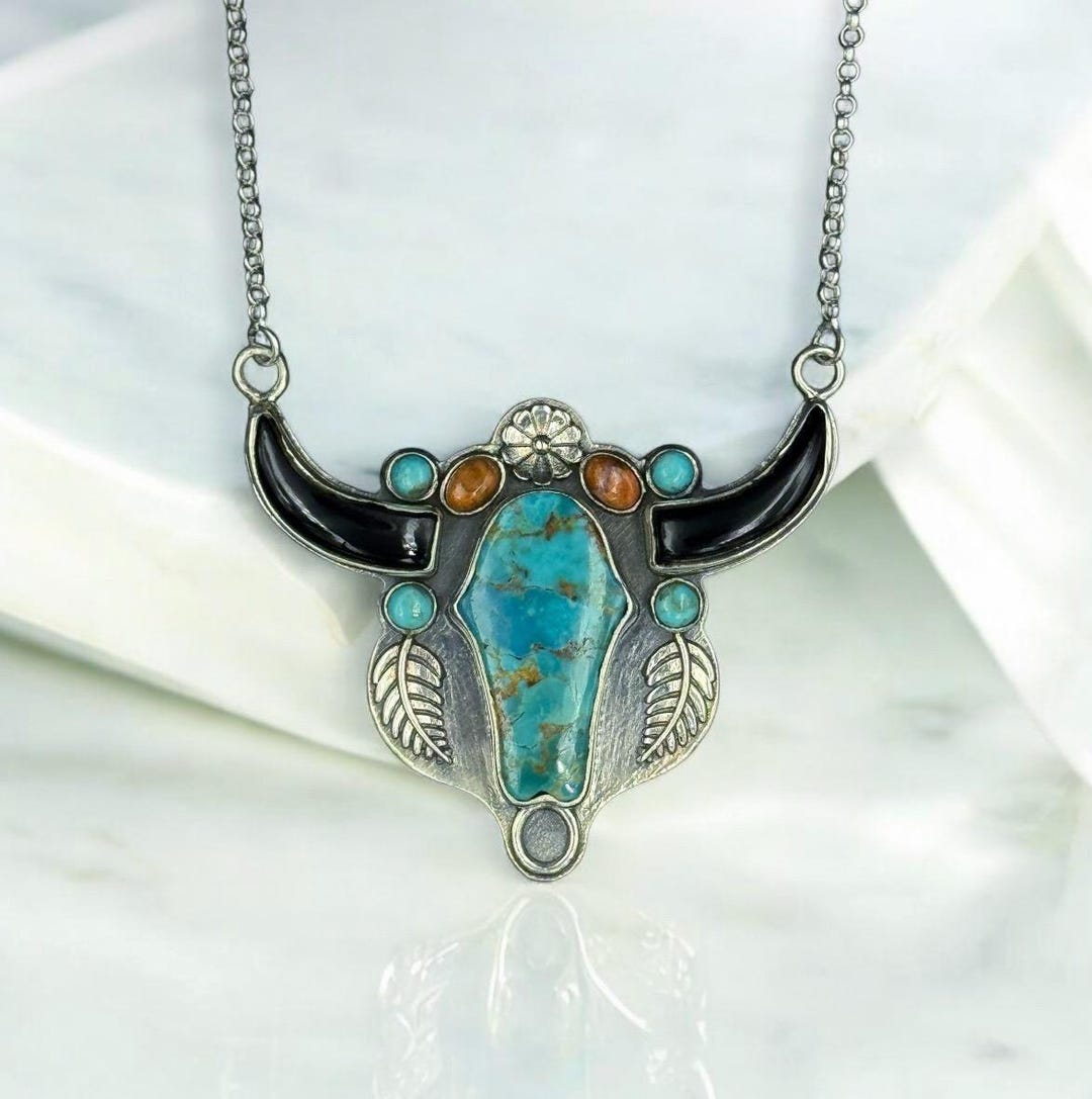 Turquoise Bull Head Statement Pendant Necklace: 925 Sterling  Silver Tone Necklace w/ Turquoise Bull & Horns Pendant Western Vintage Boho Gift main image 0