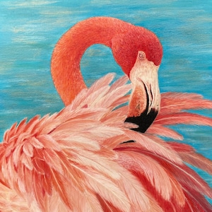 Bunter Flamingo mittleres Ölgemälde mit einem Hauch von Gold “SUNNY”
