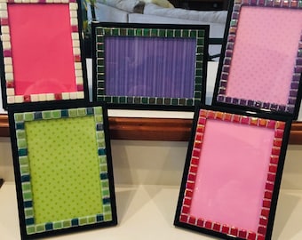 5x7 Black frames complimented with iridescent mosaic tiles.