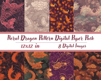 Floral Dragon patterns - Digital Paper Pack - 8 JPegs - instant download - 300dpi - 12x12  red orange beige cream