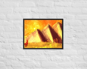 Desert Journey Pyramid Wall Art Print | Golden Sunset Desert Landscape | Surreal Boho Minimalist Framed Poster