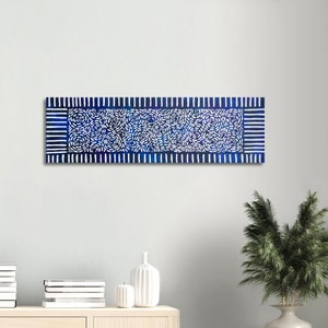 Long narrow blue white canvas painting; Narrow vertical/horizontal ethnic wall decor; Blue and white wall art pattern; Bohemian art print