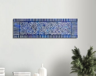 Lang smal blauw wit canvas schilderij; Smal verticaal/horizontaal etnisch wanddecor; Blauw en wit kunstpatroon aan de muur; Boho kunstafdruk