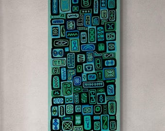 Long Narrow Blue Green Painting on Canvas Teal Large Ethnic Wall Art Blue Green Vertical Canvas Print Mediterranean Large Boho Wall Art