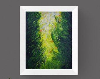 Abstract green nature painting on paper; Unframed green yellow poster; Emerging light paper print; Flowing green wall decor