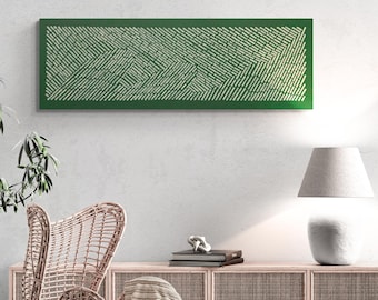 Long Narrow Horizontal Vertical Green Block Print Canvas Painting Large Dark Green Pattern Canvas Print Green Cream Bohemian Wall Art