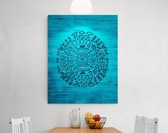 Large blue teal oriental canvas painting; Blue bohemian wall decor; Blue teal vertical ethnic canvas print; Blue folk pattern wall art