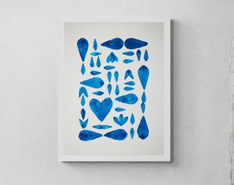 DRUCKBARE Blaue Mustermalerei; Blockdruck blau zum Ausdrucken; Herunterladbares marineblaues Poster mit organischen Formen; Blaues Licht luftiges Wandbild