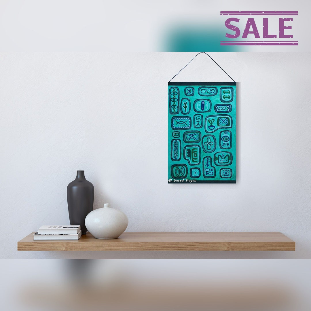 Original Oriental Teal Blue Green Painting Ethnic Aqua Wall Hanging