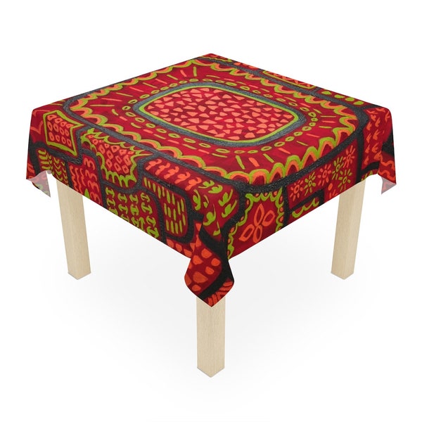 Large square ethnic table cloth; Red green patterned tablecloth; Soft light colorful table cloth;  Bright printed table cloth