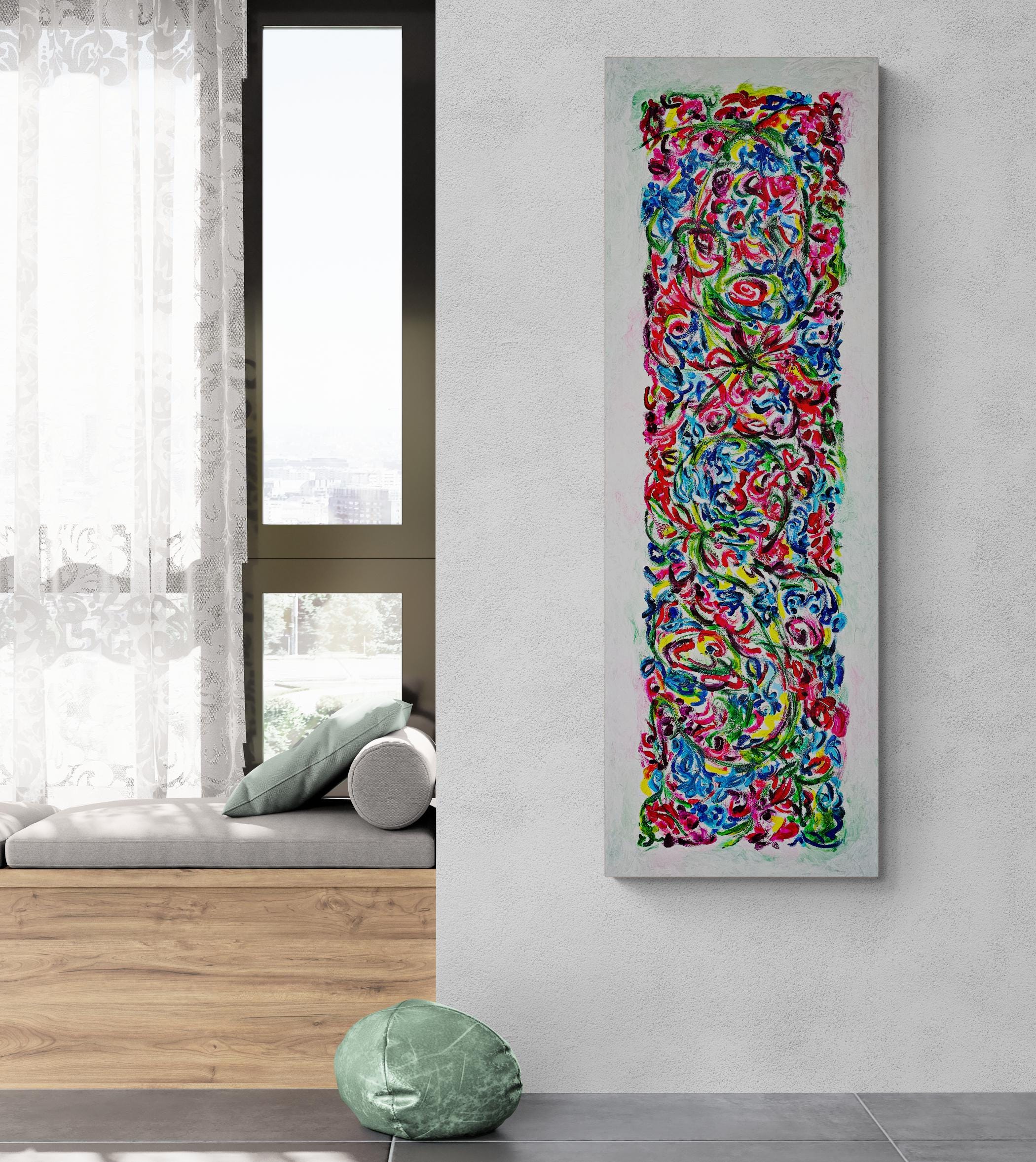 Long Vertical/Horizontal Lively Colorful Modern Painting; Oblong Cheerful Abstract Canvas Print; Narrow Rectangle Swirling Colors Painting