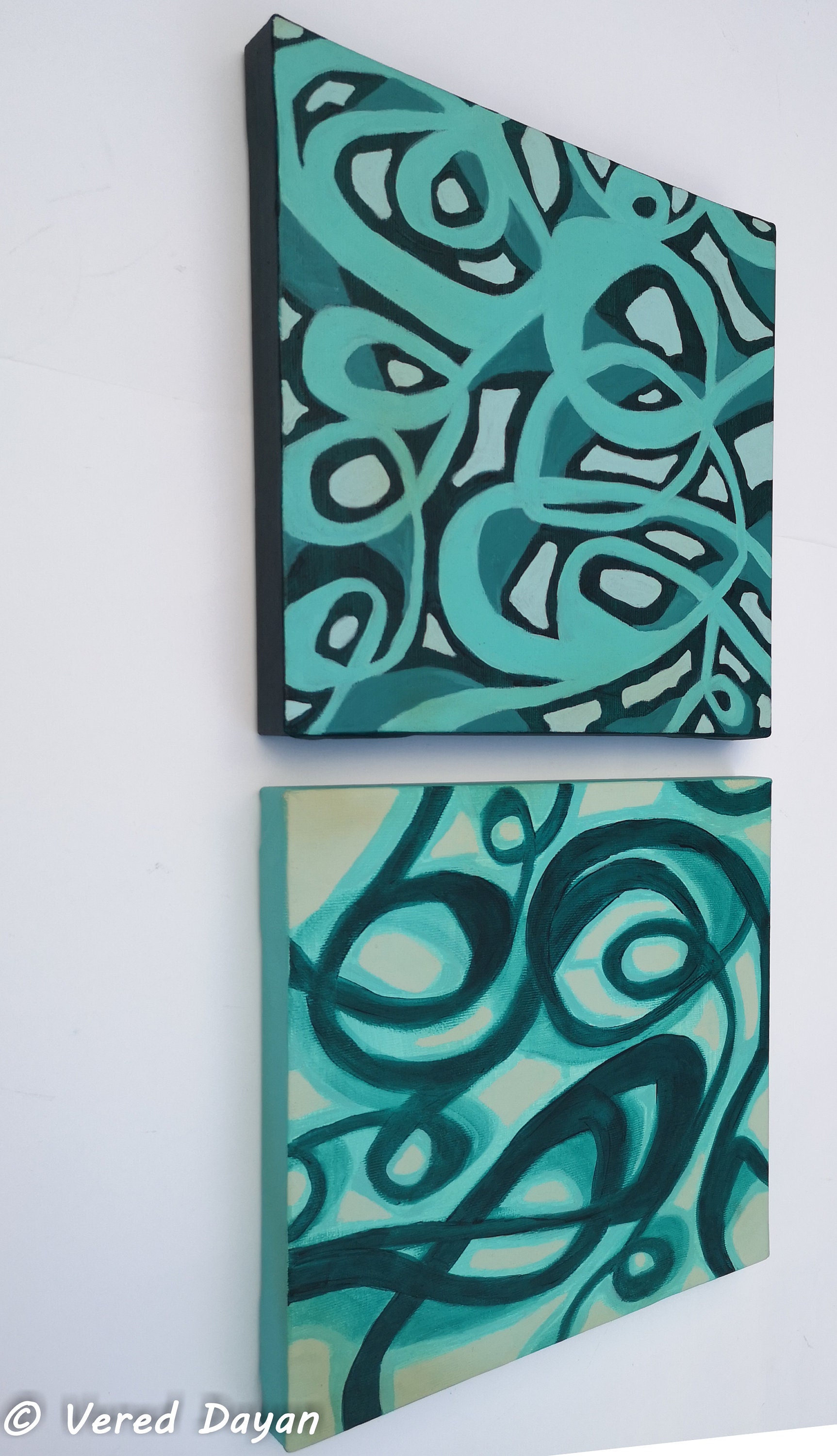 Two Original 10x10 Turqouise Abstract Paintings on Canvas Aquamarine