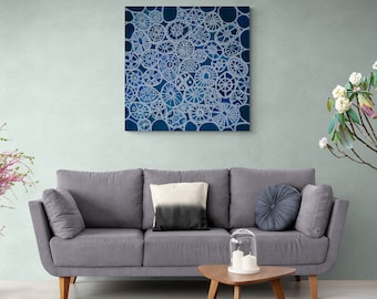 Large square boho blue teal canvas print; Large blue fanciful wall decor; Blue gray delicate pattern painting; Blue bohemian wall art