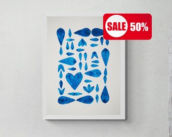 PRINTABLE Blue pattern painting; Block print blue printable; Downloadable navy blue organic shapes poster; Blue light airy wall art