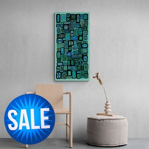 Long narrow blue green folk style wall art on canvas; Large Teal ethnic wall decor; Blue tones vertical painting; Blue wall art for niche