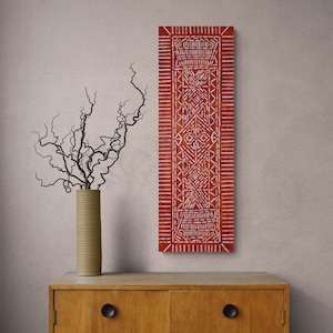 Long Narrow Tribal Painting on Paper Rustic Block Print Wall Art Warm Vertical Horizontal Rust Color Poster Rectangle Boho Paper Print