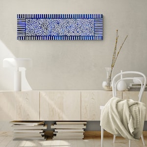 Long Narrow Blue Canvas Painting Horizontal Boho Wall Art Vertical Blue and White Canvas Print Narrow Blue Wall Decor Bohemian Vertical