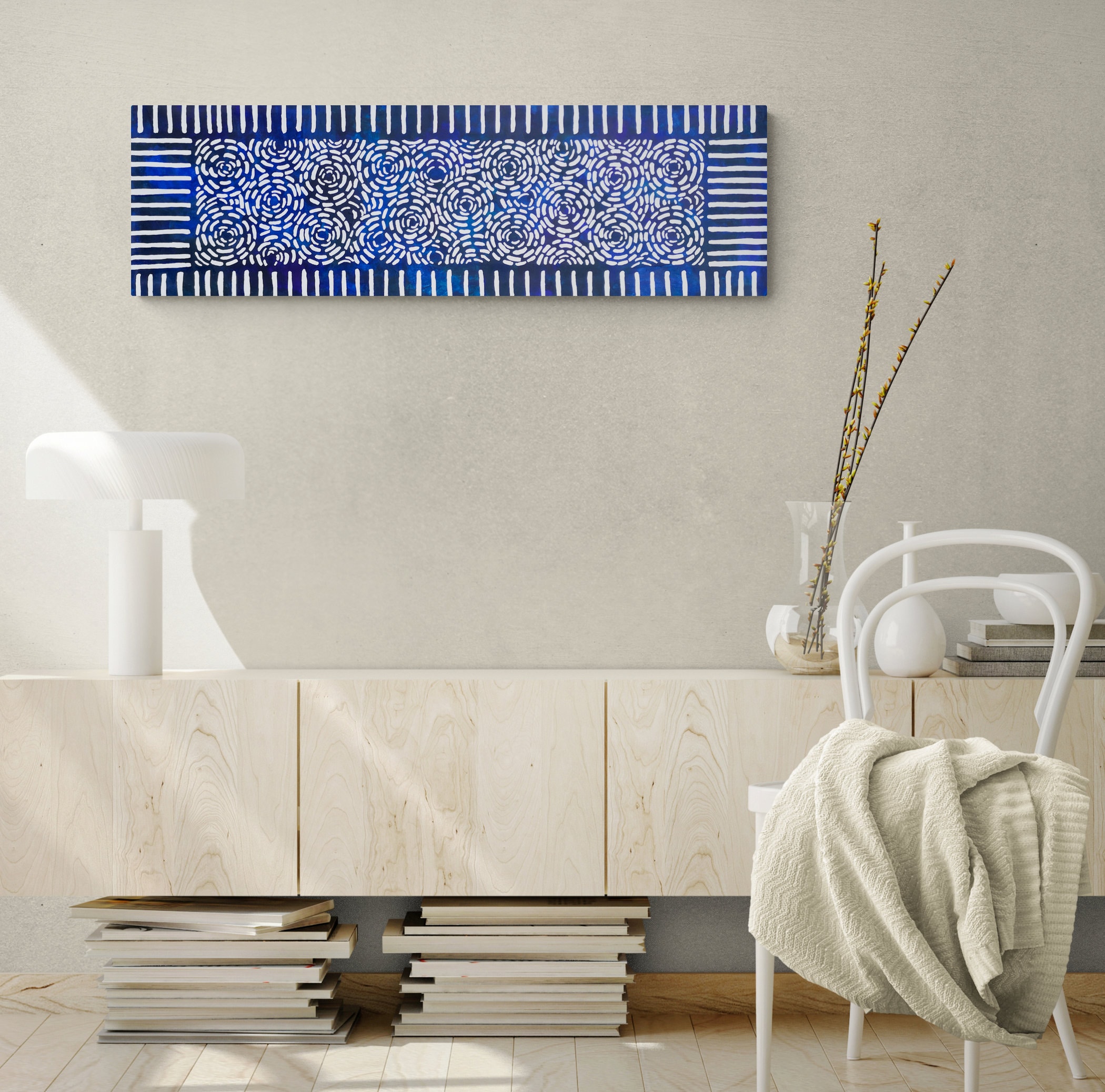 Long Narrow Blue Canvas Painting Horizontal Boho Wall Art Vertical Blue and White Canvas Print Narrow Blue Wall Decor Bohemian Vertical