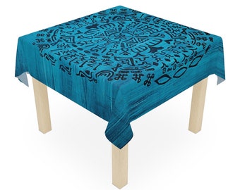 Teal Square Oriental Tablecloth, Boho Light Machine Washable Table Decor