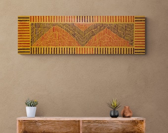 Long Narrow Tribal Painting Canvas Print Vertical Earthy Block Print Wall Art Horizontal Warm Rustic Canvas Print Rectangle Farmhouse Canvas