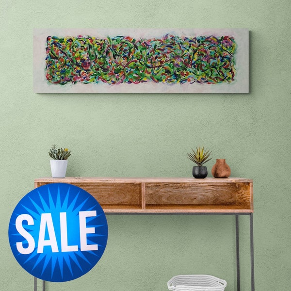 Long narrow lively colorful modern canvas print; Vertical/horizontal cheerful abstract wall art; Narrow rectangle canvas swirling colors