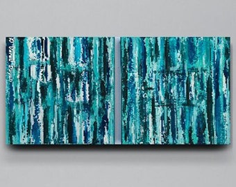 Two original 12"x12" stripes canvas paintings; Set of 2 blue teal paintings; Modern abstract turquoise palette knife acrylic set of 2