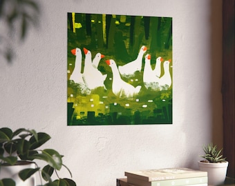 Matte poster met illustratie van witte ganzen | Verticale boerderijmuurkunst