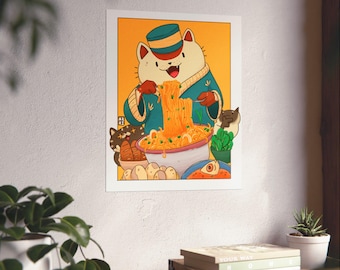 Matte verticale poster met ramen etende kat | Kawaii Noodle Art