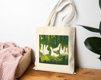 Draagtas illustratie witte ganzen | Canvas tas eendenvijver