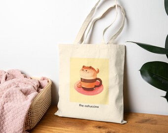 Kat in koffiekop draagtas | Capricieuze canvastas met illustratie