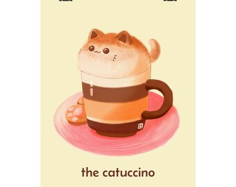 Catuccinokoffie kunstafdruk | Grillige Kitten Latte-illustratie (matte poster)